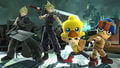 The fifth set of paid DLC for SSB4, showing Cloud, his alternate costume, and Mii Fighter costumes on Midgar.
