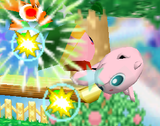 Jigglypuff attacking Kirby and a barrel with Pound.