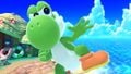 Yoshi using his forward aerial on the stage.