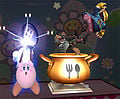 Kirby trapping Fox and Wario.