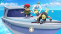 Cloud alongside Ness and Wii Fit Trainer on Wuhu Island's boat. Cloud being in a stunned state references a scene in Final Fantasy VII where he gets motion sickness.