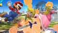 Toon Link being damaged by a Bomb's explosion alongside Mario and Peach.