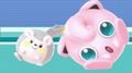 Jigglypuff using Rollout next to Togedemaru on the stage.