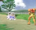 The Ice Climbers and Samus fighting on an unknown stage.