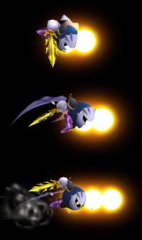 A collaboration of the hitboxes of Meta Knight's grabs in Brawl. From top to bottom: grab, dash grab, pivot grab.