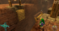 Gerudo Valley in Ocarina of Time 3D with the bridge destroyed.