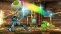 Zero Suit Samus about to fire her Paralyzer at Yoshi in Super Smash Bros. for Wii U.