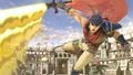 Hero Ike performing his neutral aerial on the stage.