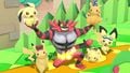 Incineroar, three Pikachu, and two Pichu on the stage.