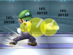 The hitboxes of Luigi's f-smash.