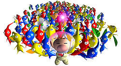 Olimar standing in front of many Pikmin consisting of three types.