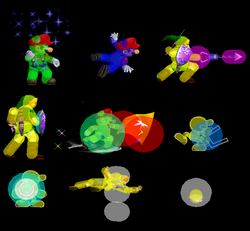 Various debug mode visualization bubbles of hitboxes.