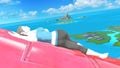 The Wii Fit Trainer lying prone on the red biplane.