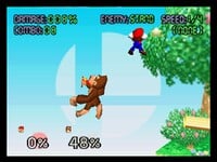 Mario meteor smashing Donkey Kong with his Mario Tornado in Smash 64.