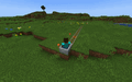 Steve riding a minecart in Minecraft, with a mix of regular and powered rails.
