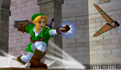 Link using his boomerang in Melee.