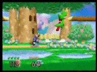 Yoshi performing a double jump cancel counter in Smash 64.