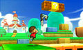 Wii Fit Trainer and Villager jumping near a couple of breakable blocks on 3D Land.