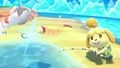 Isabelle using her Fishing Rod near Goldeen on the stage.