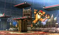 Bowser and Samus fighting in the arena.
