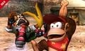 Fox slipping on a banana thrown by Diddy Kong