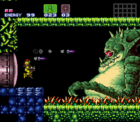 Samus fighting Kraid in Super Metroid.