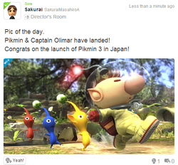 Sakurai celebrates the release of Pikmin 3 on Miiverse.