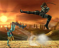 Zero Suit Samus rolls away from Snake's aerial attack in Brawl.