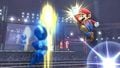 Mario doing his Super Jump Punch and Mega Man doing his Mega Upper on the stage.