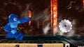 Mega Man throwing the Metal Blade backwards.