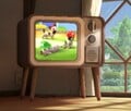 Television screen showing multiple Nintendogs wearing Mario, Luigi and Toad hats.