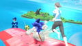 Wii Fit Trainer and Sonic running after Header's soccer ball as Mega Man looks on.