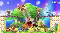 A time match in Ultimate between Diddy Kong, Mega Man, Toon Link, and Inkling on Green Greens.