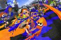 The promo image of Splatoon, with super-jumping Inklings.
