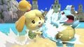 Squirtle getting splashed by Isabelle's down smash on Delfino Plaza.