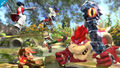 Takamaru fighting along side Diddy Kong, Fox, and Falco against Bowser.