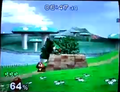 Yoshi traverses an early Mushroom Kingdom in the Adventure Mode.