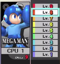 A CPU in Smash U along with its selectable levels.