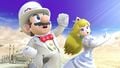 Mario jumping in his Wedding costume with Peach on the stage.