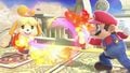 Isabelle pocketing Mario's Fireball on the stage.