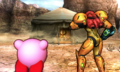 Samus and Kirby look towards the carpenters' tent in SSB4.