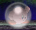 A CPU Kirby shielding in Smash 64.