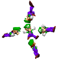 Luigi's Aerial attacks in Super Smash Bros.. This is to replace File:Luigi air attacks ssb.JPG because that picture is low quality.