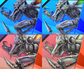 The two cut Ridley costumes (top) and the final costumes (bottom).