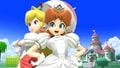 In her white alternate costume with Peach on 3D Land.