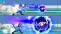 Aura Sphere comparison in Super Smash Bros. 4; the upper part being low damage and the bottom being high damage.