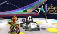 Fox and Wii Fit Trainer with a driving Shy Guy on Rainbow Road in SSB4 for 3DS.