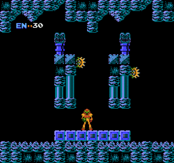 Samus in Brinstar in the original Metroid.