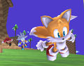 (From right to left) Tails, Silver, and Knuckles running in the background.