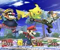 Fox, Mario, Wario, and Pikachu battling on Battlefield in morning.